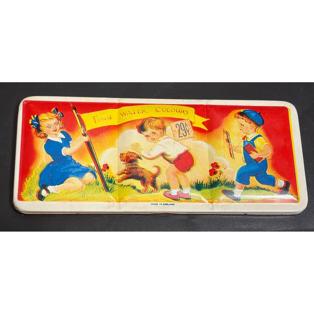 VTG 1950s Made in England Metal Watercolor Set Tin w/ Brush 24 Colors Kids Dog
